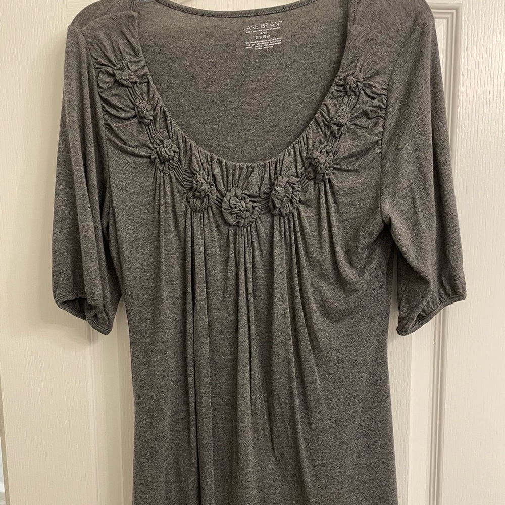 Lane Bryant, Grey flowing top. Really cute flower bunching around neckline.